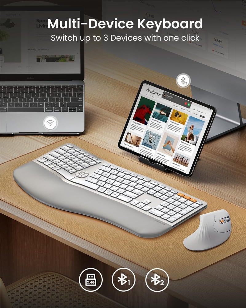 ProtoArc Backlit Bluetooth Ergonomic Keyboard, EK01 Plus Full Size Wireless Split Keyboard with Dual Bluetooth and USB, Cushioned Wrist Rest, Rechargeable, for Windows/Mac/Android, White and Silver - Image 3